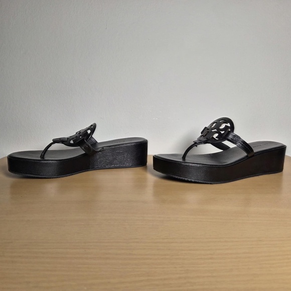 Tory Burch Miller Wedge Leather Sandals Black Excellent Condition US 9.5 - Picture 5 of 8